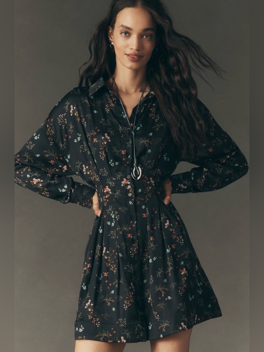 Anthropologie x Exquise Tobie Long-Sleeve Satin Mini Shirt Dress Size Medium NWT